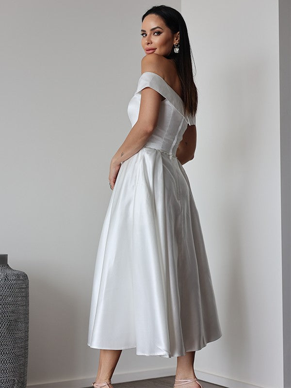 A-Line/Princess Satin Ruffles Off-the-Shoulder Sleeveless Tea-Length Wedding Dresses