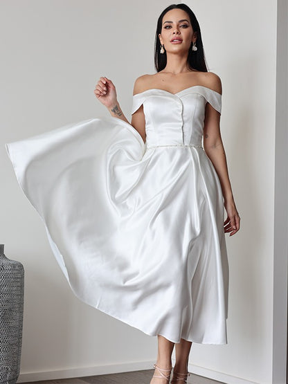 A-Line/Princess Satin Ruffles Off-the-Shoulder Sleeveless Tea-Length Wedding Dresses