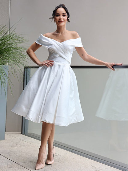 A-Line/Princess Satin Ruffles Off-the-Shoulder Sleeveless Knee-Length Wedding Dresses