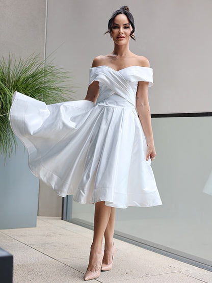 A-Line/Princess Satin Ruffles Off-the-Shoulder Sleeveless Knee-Length Wedding Dresses