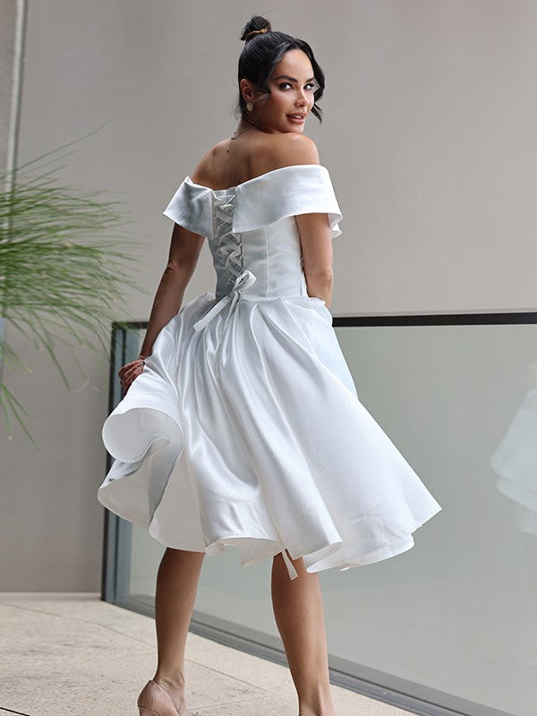 A-Line/Princess Satin Ruffles Off-the-Shoulder Sleeveless Knee-Length Wedding Dresses