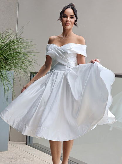 A-Line/Princess Satin Ruffles Off-the-Shoulder Sleeveless Knee-Length Wedding Dresses