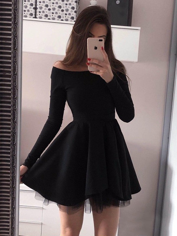 A-Line/Princess Stretch Crepe Ruched Off-the-Shoulder Long Sleeves Short/Mini Dresses