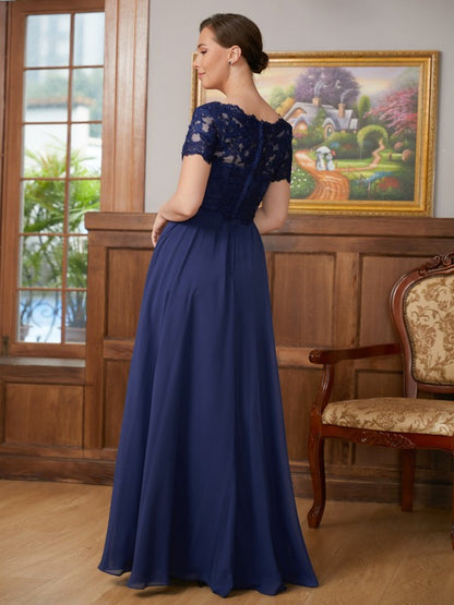 A-Line/Princess Chiffon Lace V-neck Short Sleeves Floor-Length Mother of the Bride Dresses