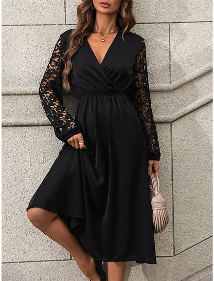 Women's Black Dress Party Dress Lace Dress Midi Dress Black Long Sleeve Plain Lace Summer Spring Fall V Neck Elegant Wedding Guest Vacation Spring Dress