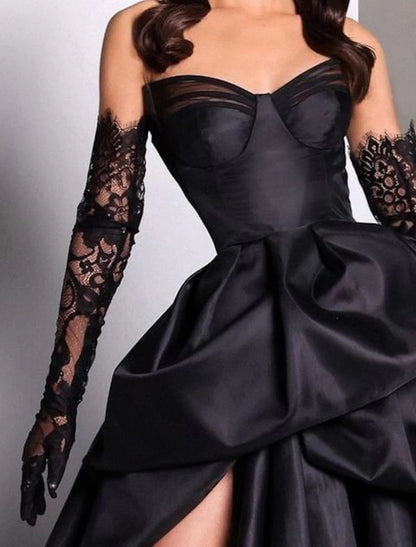 A-Line Evening Gown Black Dress Plus Size Dress Carnival Masquerade Court Train Sleeveless Strapless Wednesday Addams Family Satin with Slit Pure Color Prom