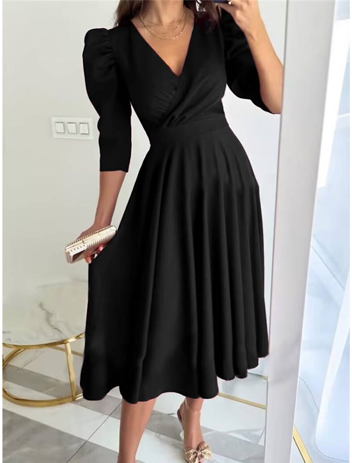 Women's Black Dress Party Dress New Year's Eve Dress Cocktail Dress Midi Dress Black Red Long Sleeve Plain Ruched Spring Fall Winter V Neck Party Winter Dress