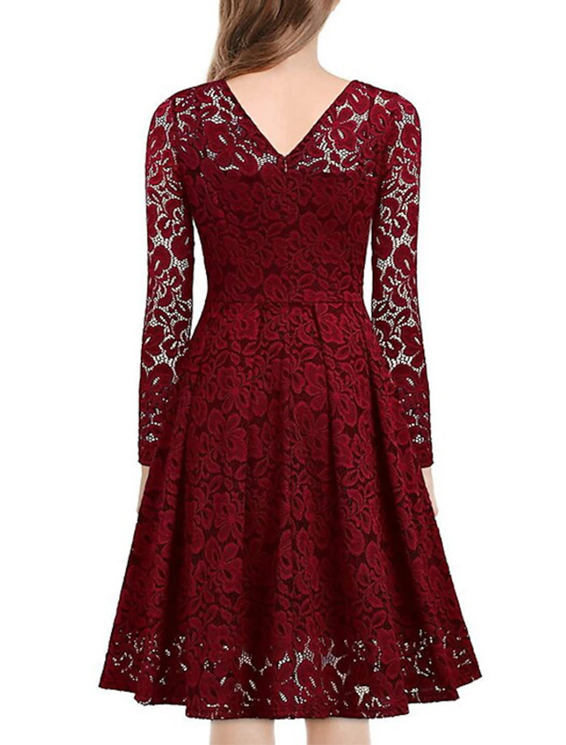 Women's Party Dress Wedding Guest Dress Lace Dress Dress Knee Length Dress Black Wine Navy Blue Long Sleeve Pure Color Lace Winter Fall Spring V Neck Elegant Winter Dress Office