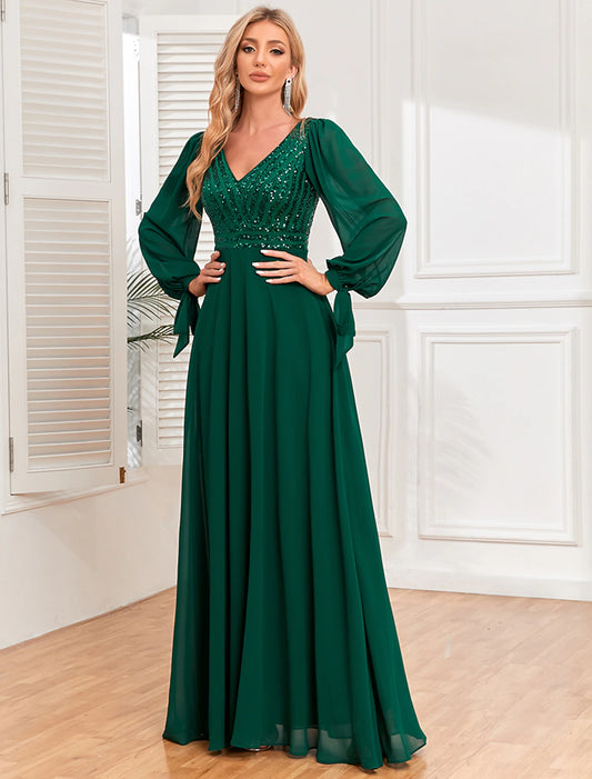 A-Line Evening Gown Empire Dress Evening Party Wedding Reception Floor Length Long Sleeve V Neck Fall Wedding Guest Chiffon V Back with Sequin