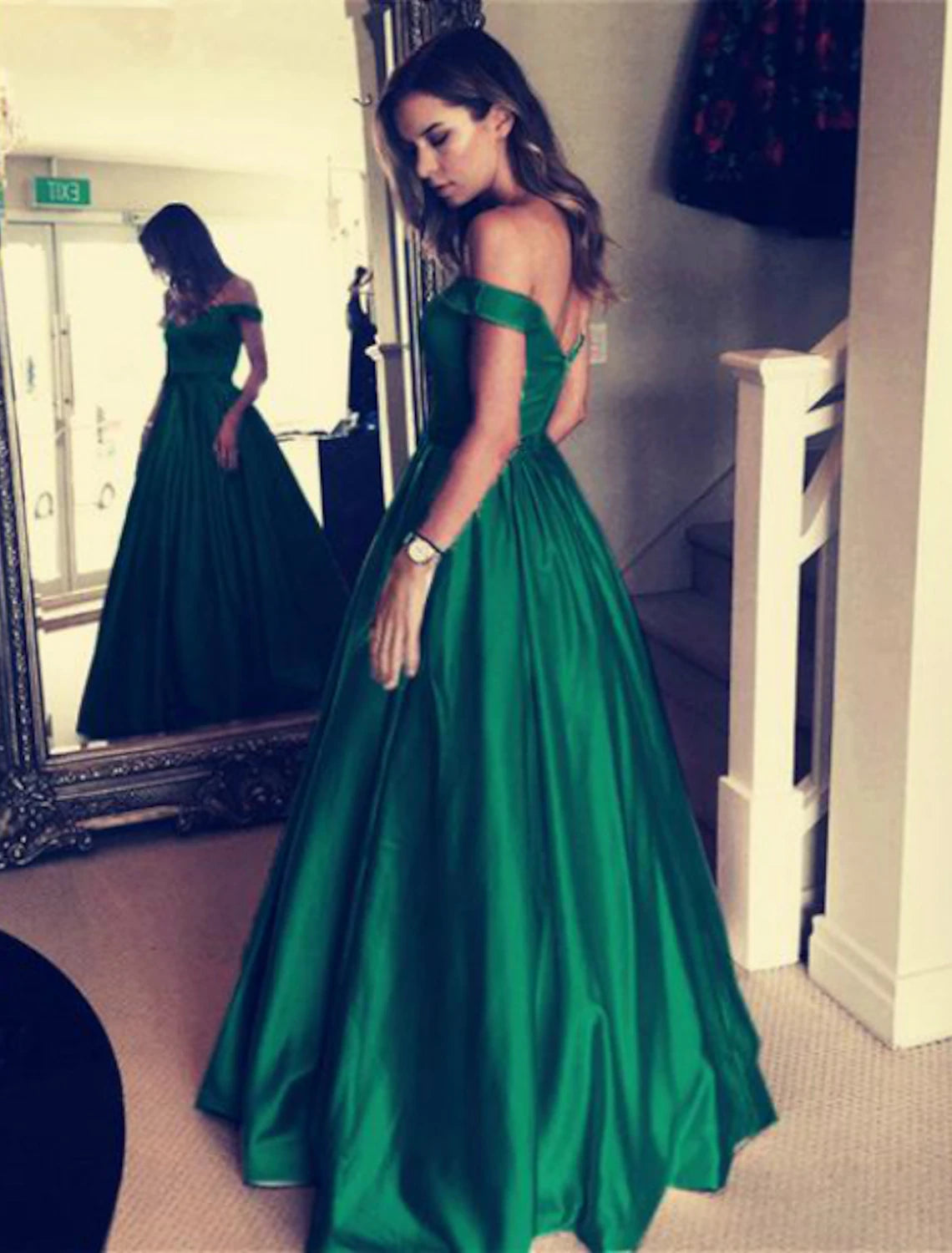 Ball Gown Elegant Prom Formal Evening Dress Off Shoulder Backless Short Sleeve Floor Length Satin with Pleats Beading