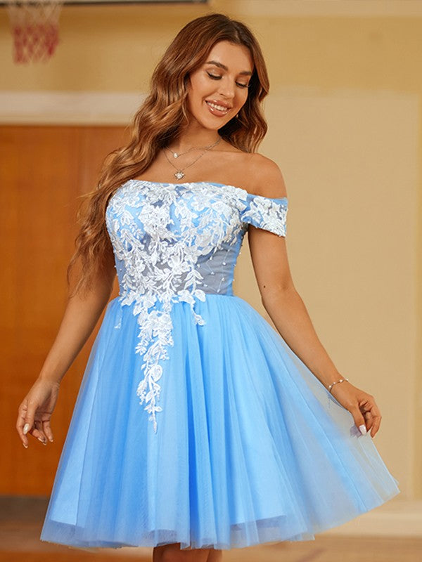 A-Line/Princess Tulle Lace Off-the-Shoulder Short Sleeves Short/Mini Dresses