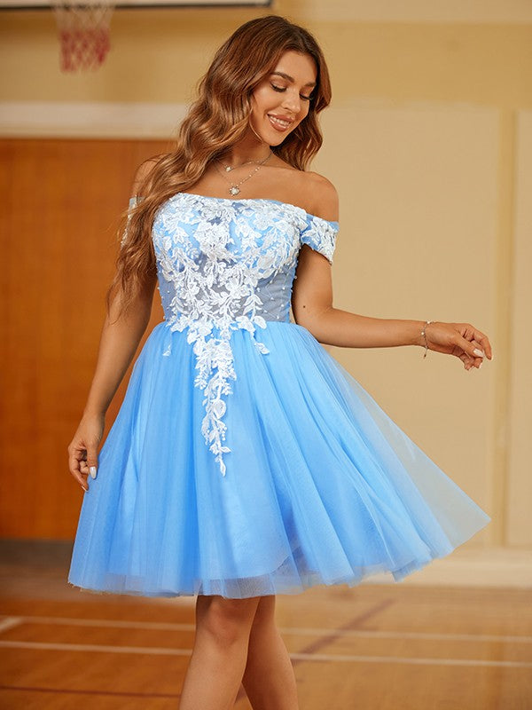 A-Line/Princess Tulle Lace Off-the-Shoulder Short Sleeves Short/Mini Dresses