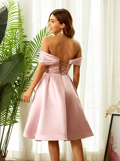 A-Line/Princess Satin Beading Off-the-Shoulder Sleeveless Knee-Length Dresses