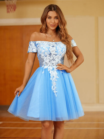 A-Line/Princess Tulle Lace Off-the-Shoulder Short Sleeves Short/Mini Dresses