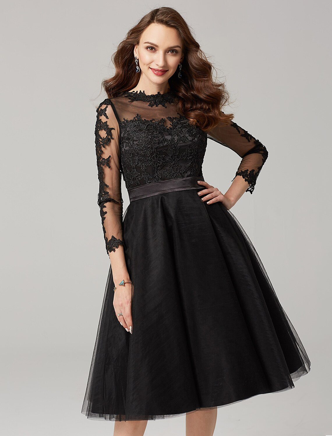 A-Line Elegant Dress Wedding Guest Prom Knee Length 3/4 Length Sleeve Illusion Neck Tulle Over Lace with Appliques