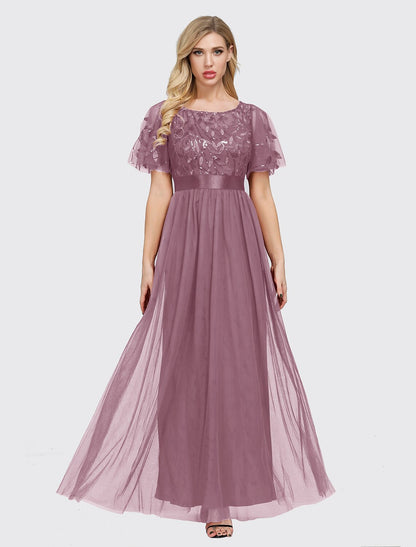 A-Line Empire Elegant Party Wear Prom Dress Jewel Neck Short Sleeve Floor Length Tulle with Embroidery / Illusion Sleeve