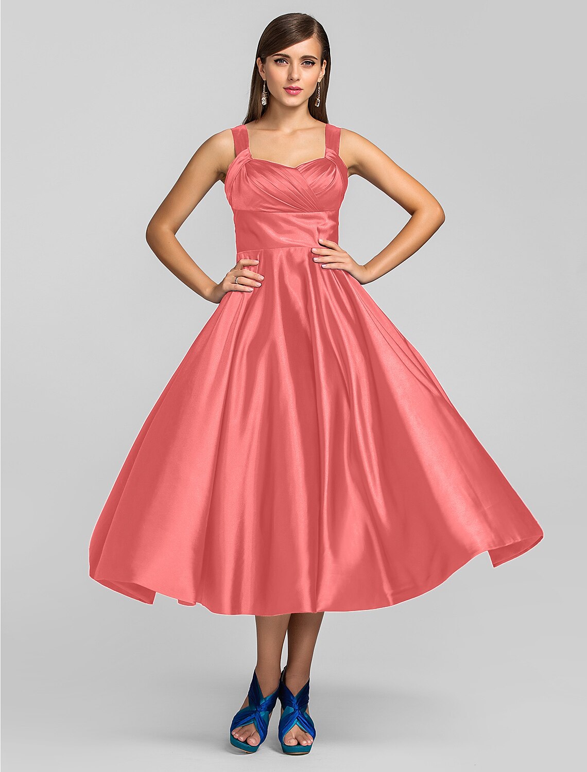 A-Line Minimalist Dress Wedding Guest Cocktail Party Tea Length Sleeveless Square Neck Stretch Satin with Criss Cross