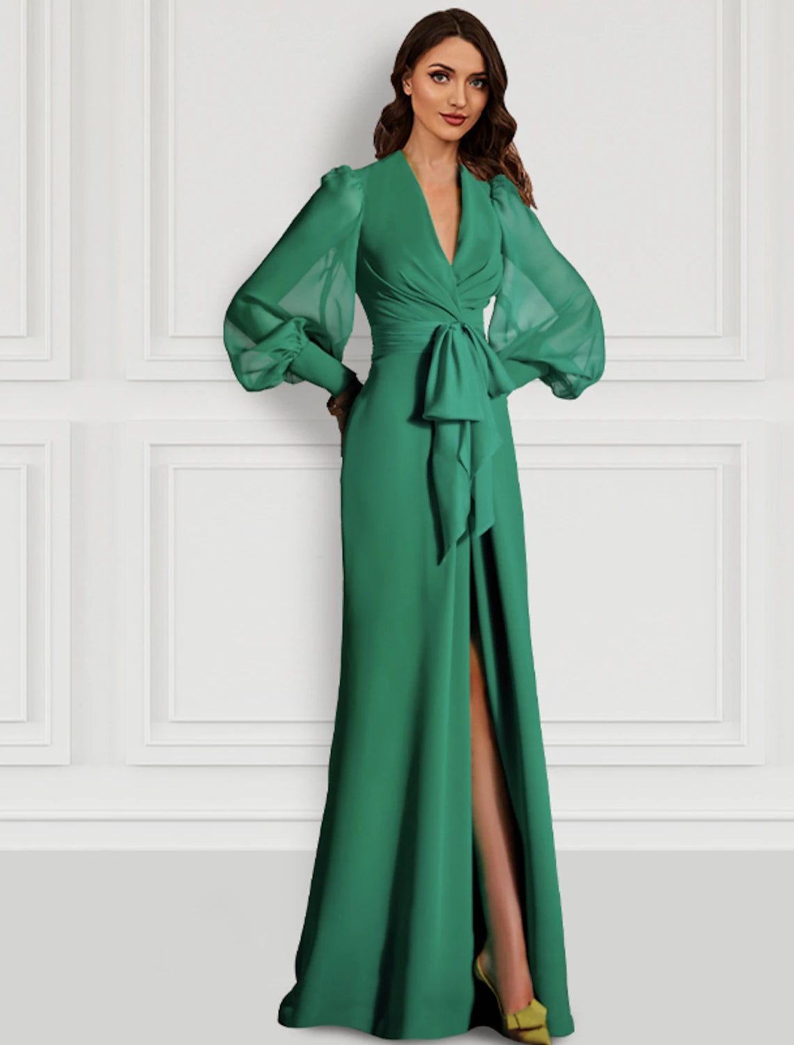 Mermaid / Trumpet Evening Gown Elegant Dress Formal Wedding Guest Sweep / Brush Train Long Sleeve V Neck Fall Wedding Guest Chiffon with Slit Strappy