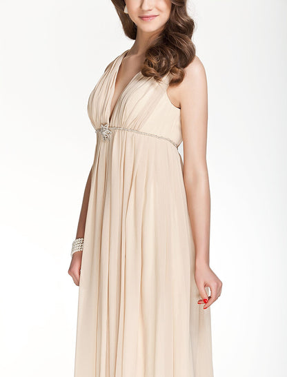 A-Line Bridesmaid Dress V Neck Sleeveless Beautiful Back Floor Length Chiffon with Pleats / Beading / Draping