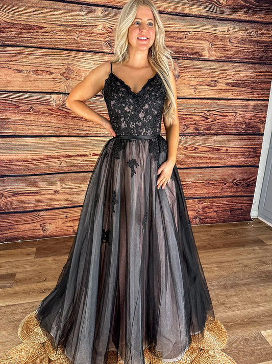 Buyishang Sarahbridal Women's Black Lace Tulle Prom Dresses Long A Line Evening Formal Gowns