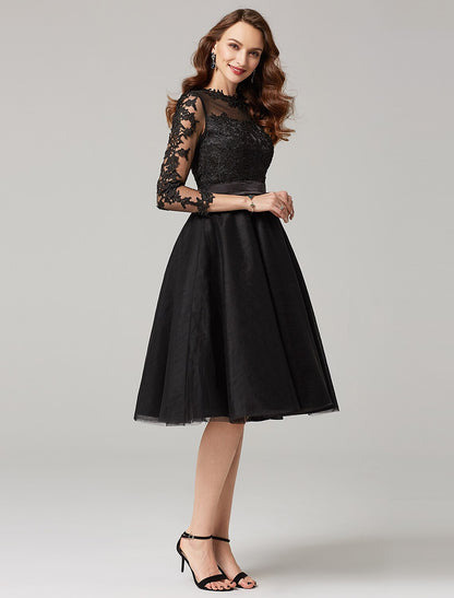 A-Line Elegant Dress Wedding Guest Prom Knee Length 3/4 Length Sleeve Illusion Neck Tulle Over Lace with Appliques