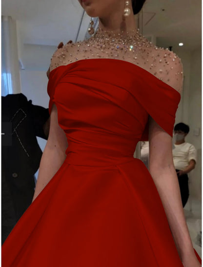 A-Line Evening Gown Elegant Dress Formal Red Green Dress Floor Length Short Sleeve Illusion Neck Satin with Ruched Beading