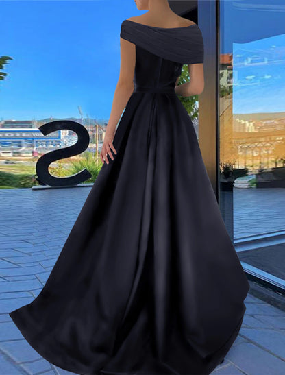 A-Line Prom Dresses Black Dress Formal Wedding Party Floor Length Short Sleeve Off Shoulder Satin with Ruched Slit