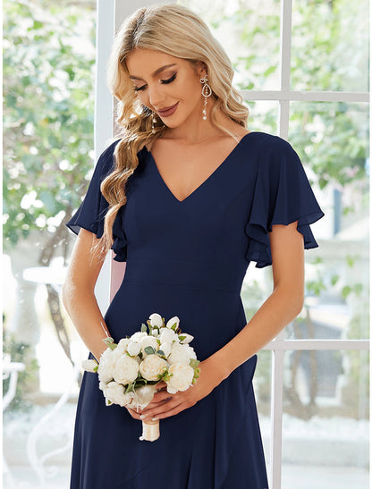 A-Line Wedding Guest Dresses Casual Dress Party Dress Wedding Party Asymmetrical Short Sleeve V Neck Bridesmaid Dress Chiffon with Ruffles Pure Color