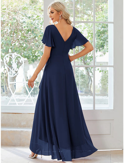 A-Line Wedding Guest Dresses Casual Dress Party Dress Wedding Party Asymmetrical Short Sleeve V Neck Bridesmaid Dress Chiffon with Ruffles Pure Color