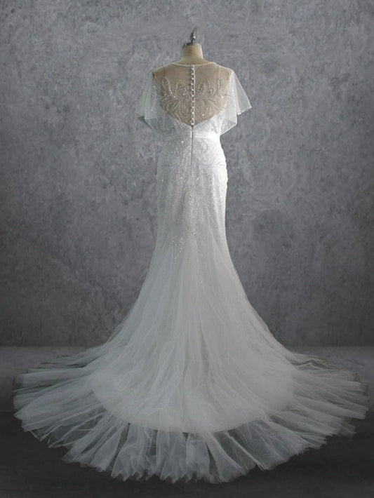 Buyishang Jewel Neck Tulle Mermaid Wedding Dress With Beading