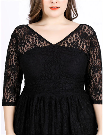 Women's Plus Size Curve Black Dress Party Dress Lace Dress Solid Color Midi Dress 3/4 Length Sleeve Lace V Neck Elegant Party Black Spring