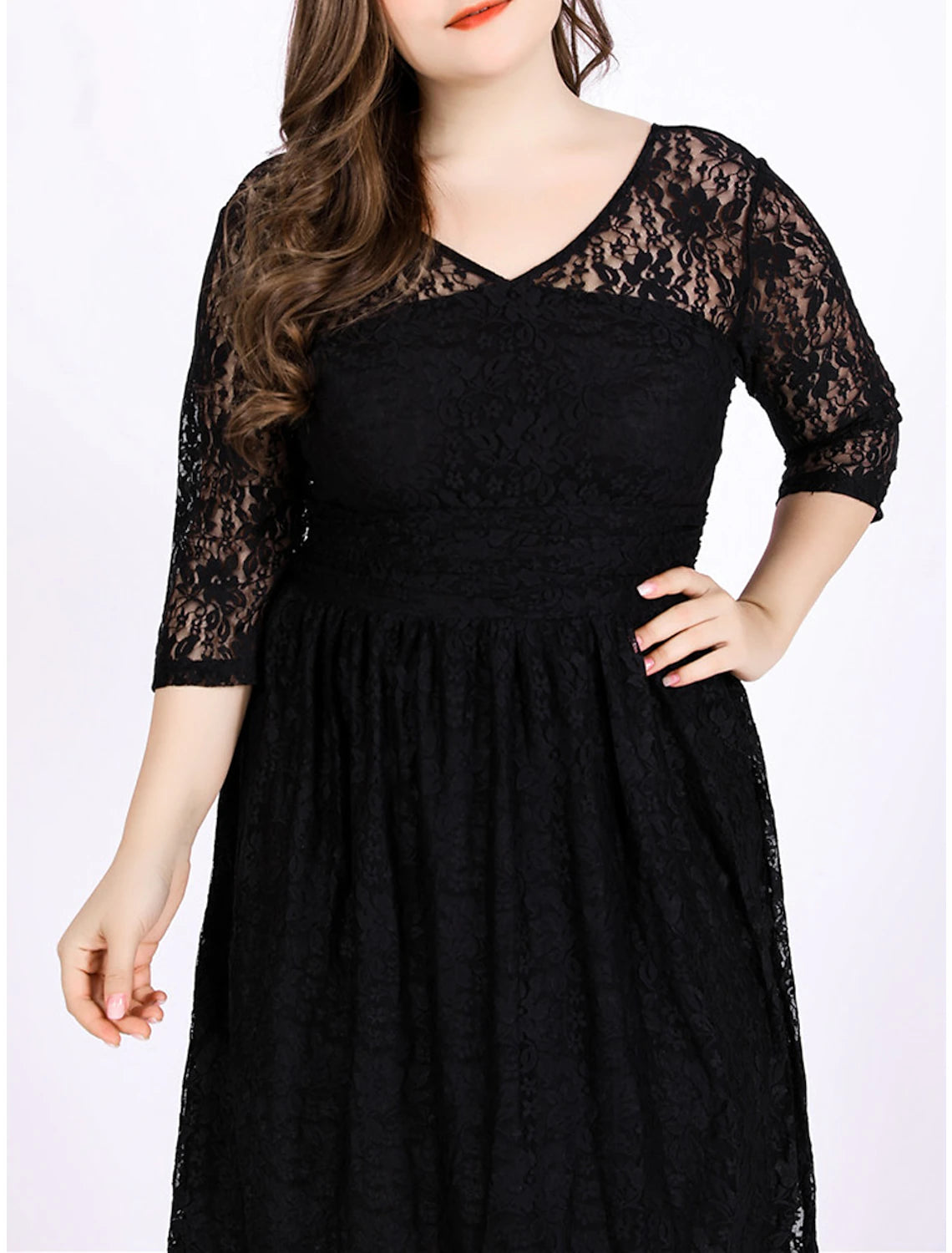 Women's Plus Size Curve Black Dress Party Dress Lace Dress Solid Color Midi Dress 3/4 Length Sleeve Lace V Neck Elegant Party Black Spring