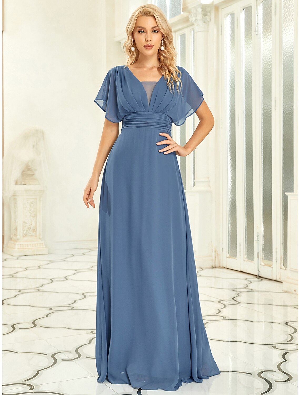 A-Line Elegant Formal Evening Dress V Neck Short Sleeve Floor Length Chiffon with Draping