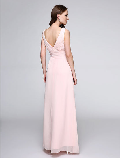 Sheath / Column Bridesmaid Dress V Neck Sleeveless Elegant Floor Length Chiffon with Criss Cross / Ruched