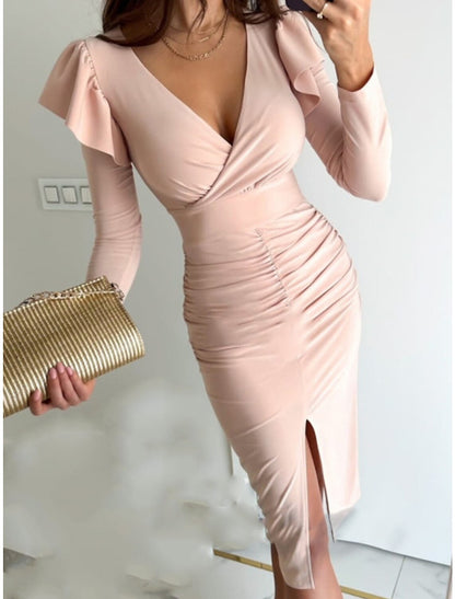 Women's Christmas Party Dress Cocktail Dress Dress Midi Dress Black Pink Wine Long Sleeve Pure Color Ruched Spring Fall Winter V Neck Winter Dress Christmas