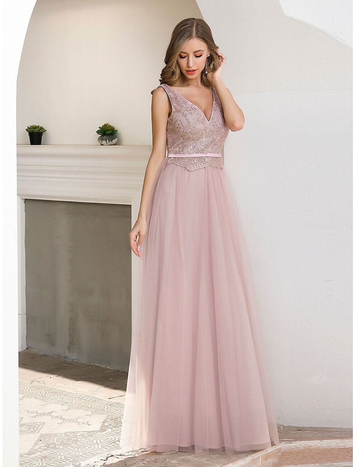 A-Line Evening Gown Elegant Dress Wedding Guest Formal Evening Floor Length Sleeveless V Neck Satin V Back with Sash / Ribbon Sequin