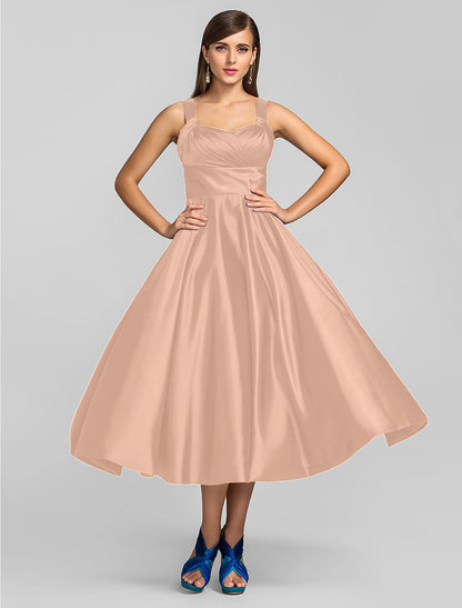 A-Line Minimalist Dress Wedding Guest Cocktail Party Tea Length Sleeveless Square Neck Stretch Satin with Criss Cross