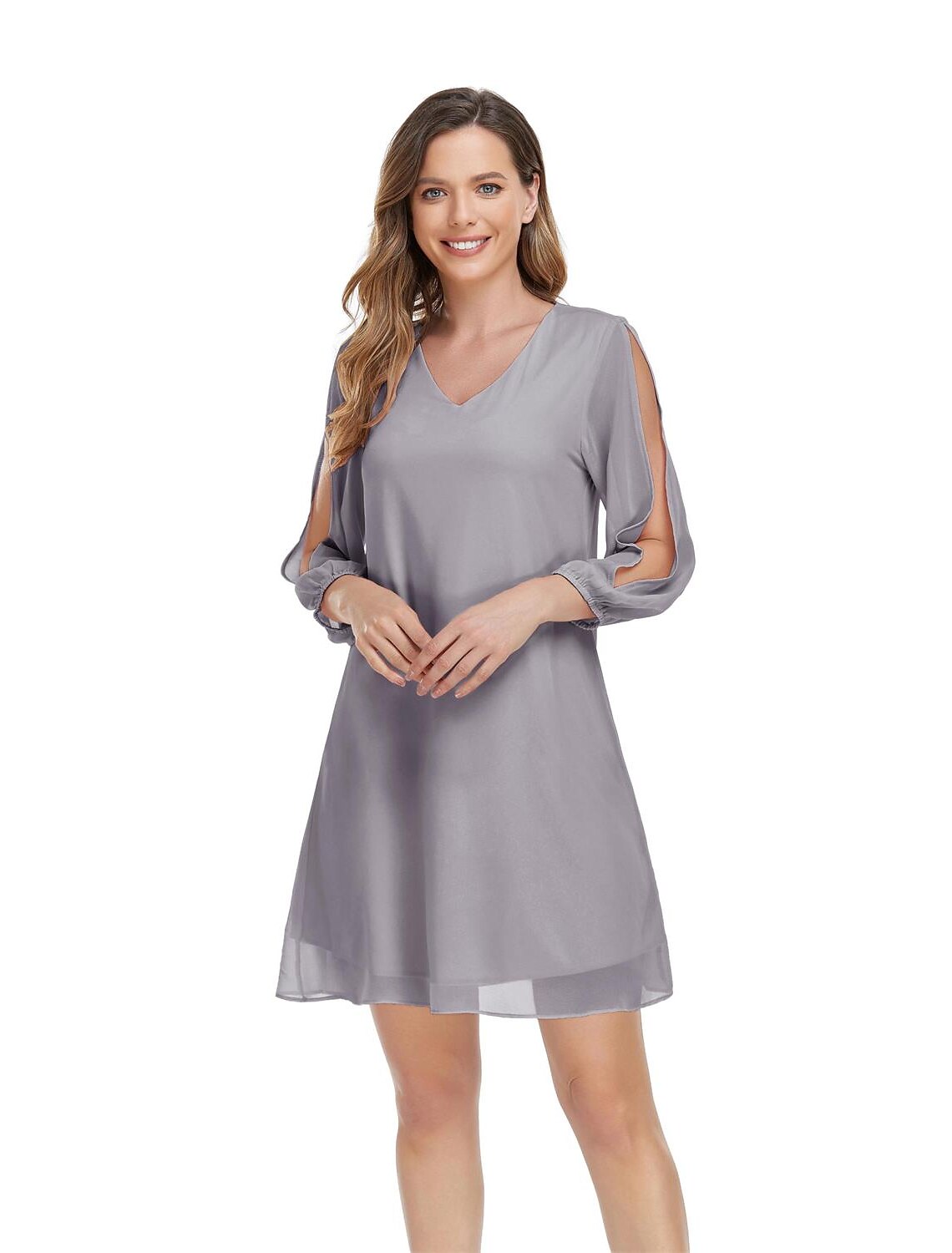 A-Line Empire Homecoming Cocktail Party Dress V Neck 3/4 Length Sleeve Short / Mini Chiffon with Slit Pure Color