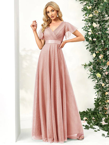 Double V-Neck Floor-Length Short Sleeve Tulle Bridesmaid Dresses