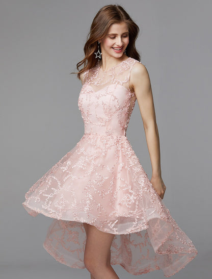 A-Line Hot Dress Wedding Guest Cocktail Party Asymmetrical Sleeveless Illusion Neck Tulle with Appliques