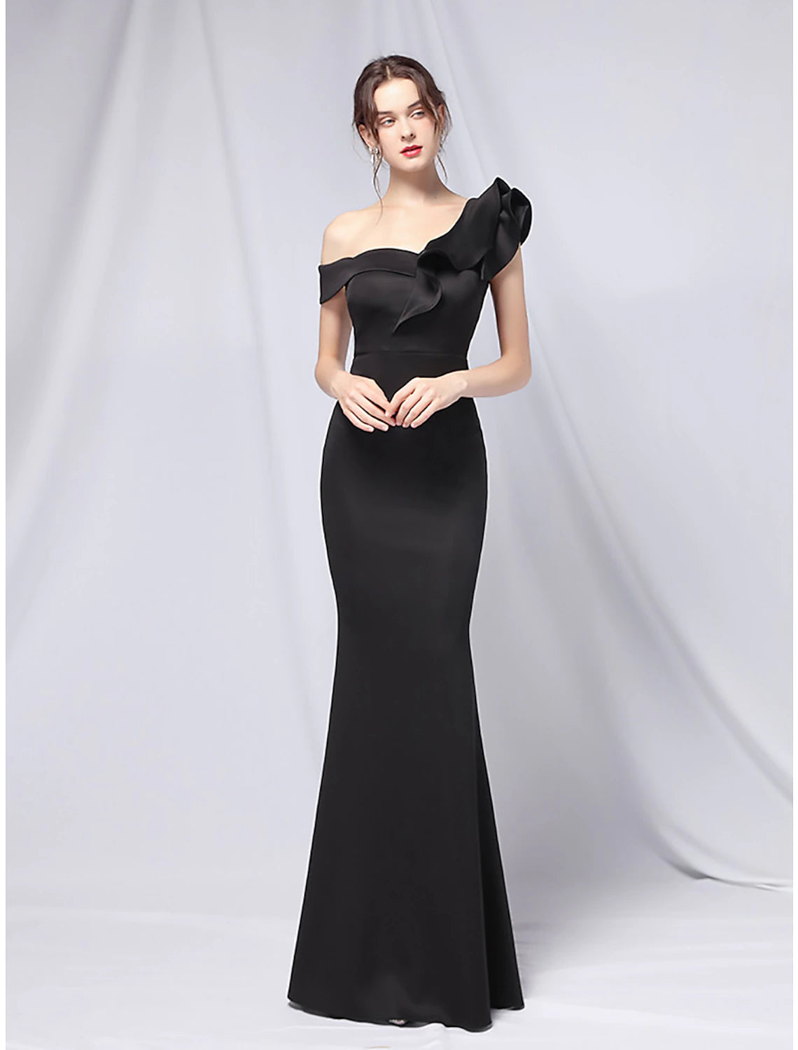 Mermaid Party Dress Evening Gown Empire Dress Wedding Guest Formal Evening Floor Length Short Sleeve One Shoulder Stretch Satin with Ruffles