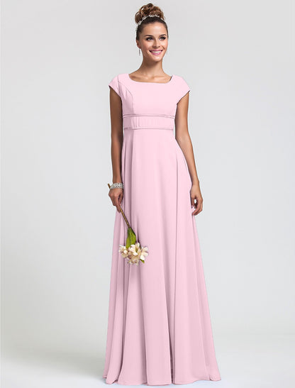 Sheath / Column Bridesmaid Dress Square Neck Short Sleeve Elegant Floor Length Chiffon with Sash / Ribbon / Pleats