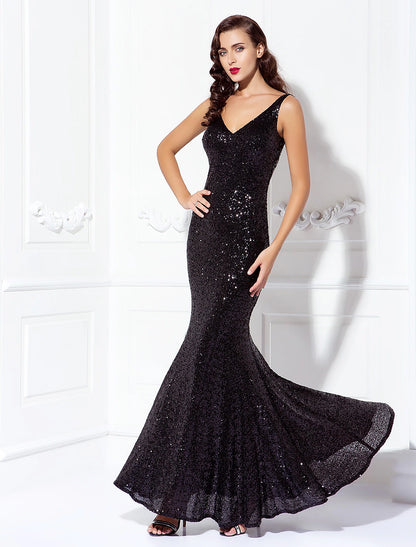 Sheath / Column Sparkle & Shine Dress Wedding Guest Prom Floor Length Sleeveless V Neck Sequined V Back with Sequin