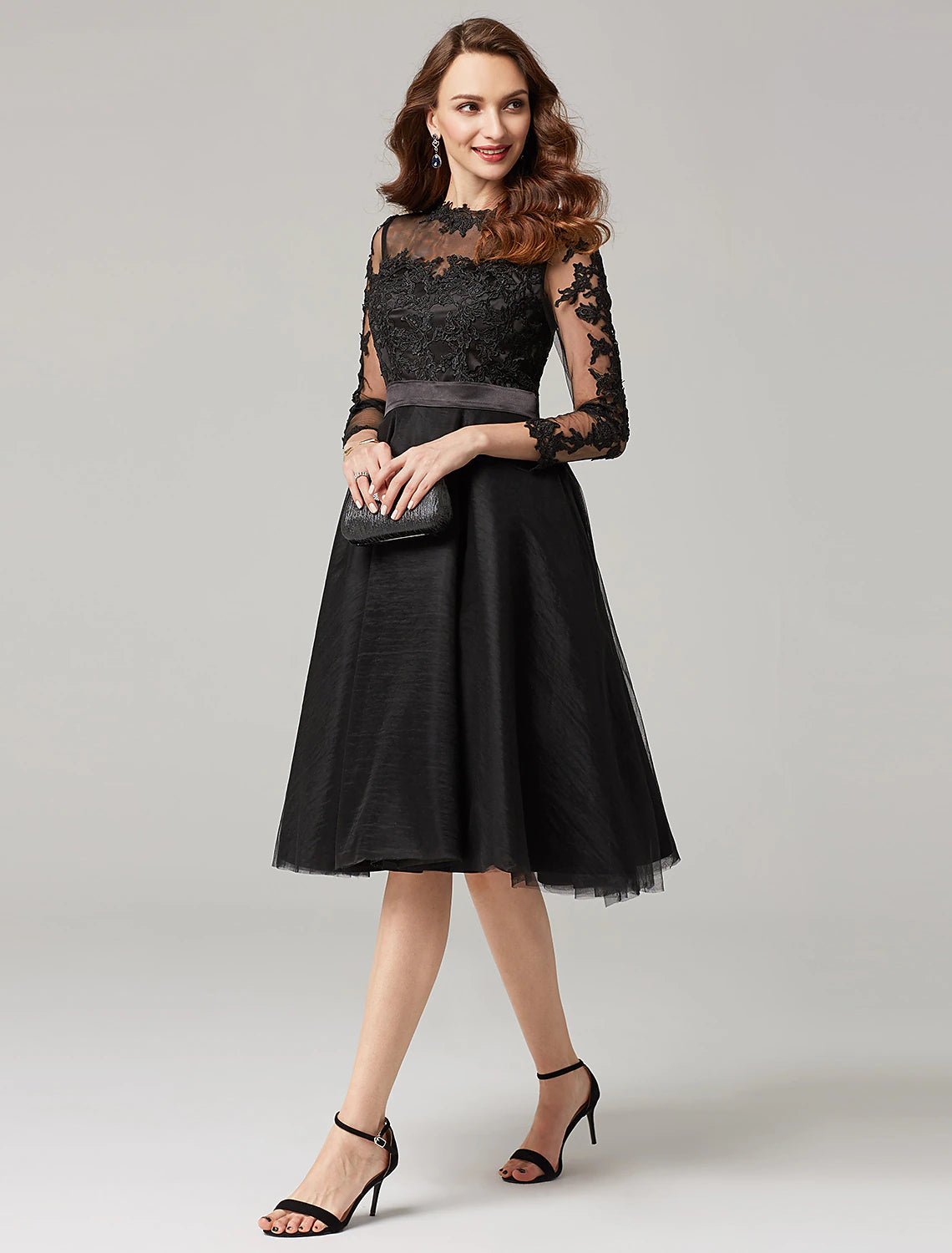 A-Line Elegant Dress Wedding Guest Prom Knee Length 3/4 Length Sleeve Illusion Neck Tulle Over Lace with Appliques