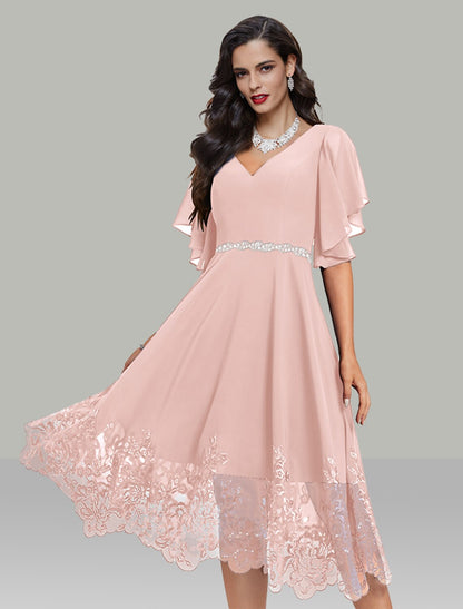 A-Line Wedding Guest Dresses Elegant Dress Cocktail Party Tea Length Short Sleeve V Neck Belt / Sash Chiffon with Rhinestone Glitter Embroidery