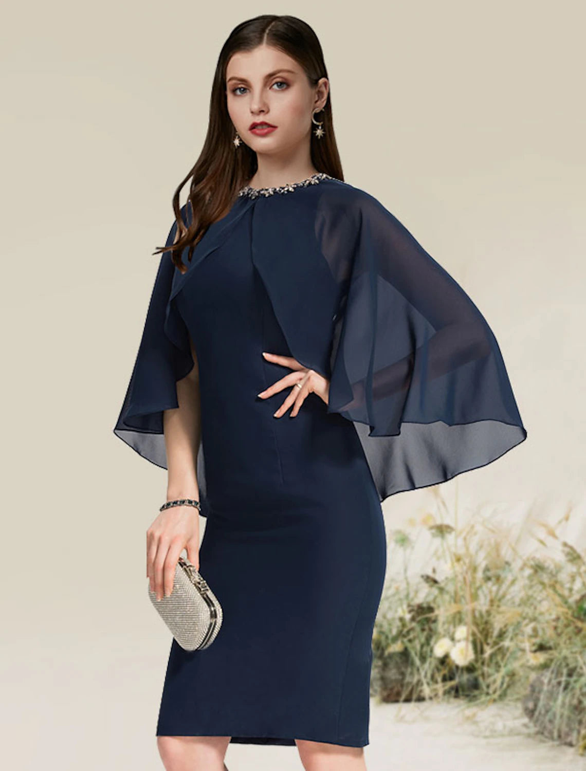 Sheath / Column Cocktail Dresses Black Dress Party Wear Wedding Guest Knee Length Half Sleeve Jewel Neck Chiffon with Beading