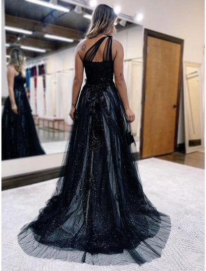 A-Line Prom Dresses Color Block Dress Formal Wedding Party Sweep / Brush Train Sleeveless One Shoulder Tulle Backless with Pleats Appliques