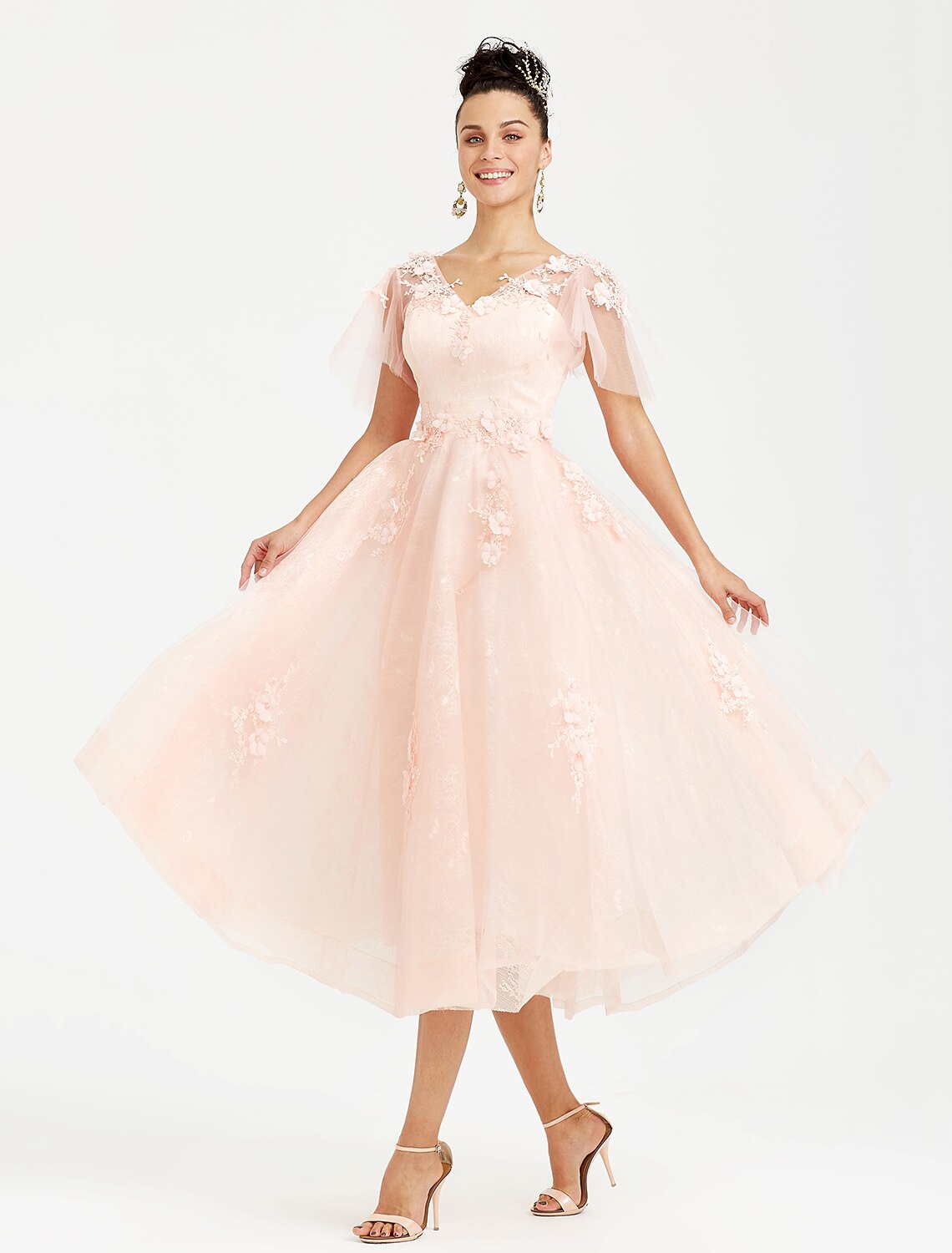 A-Line Prom Dresses Elegant Dress Wedding Guest Cocktail Party Tea Length Short Sleeve V Neck Tulle with Appliques