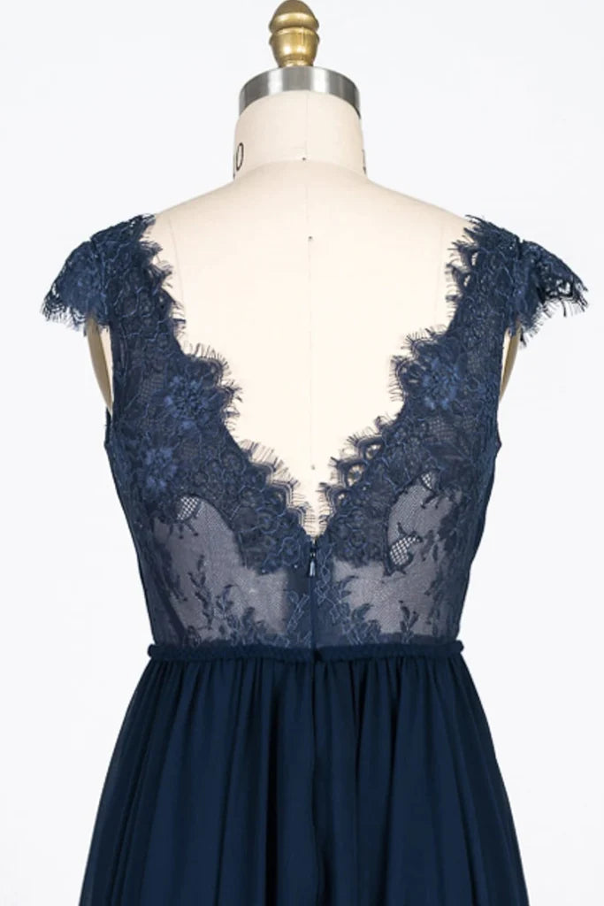 Lace Scalloped V-Neck Navy Chiffon Bridesmaid Dress, Braided Belt