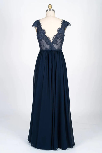 Lace Scalloped V-Neck Navy Chiffon Bridesmaid Dress, Braided Belt